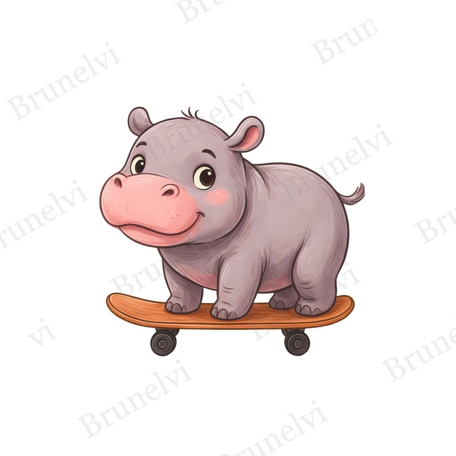 Baby Hippo Skateboard Clipart — animal clipart clipart by Brunelvi