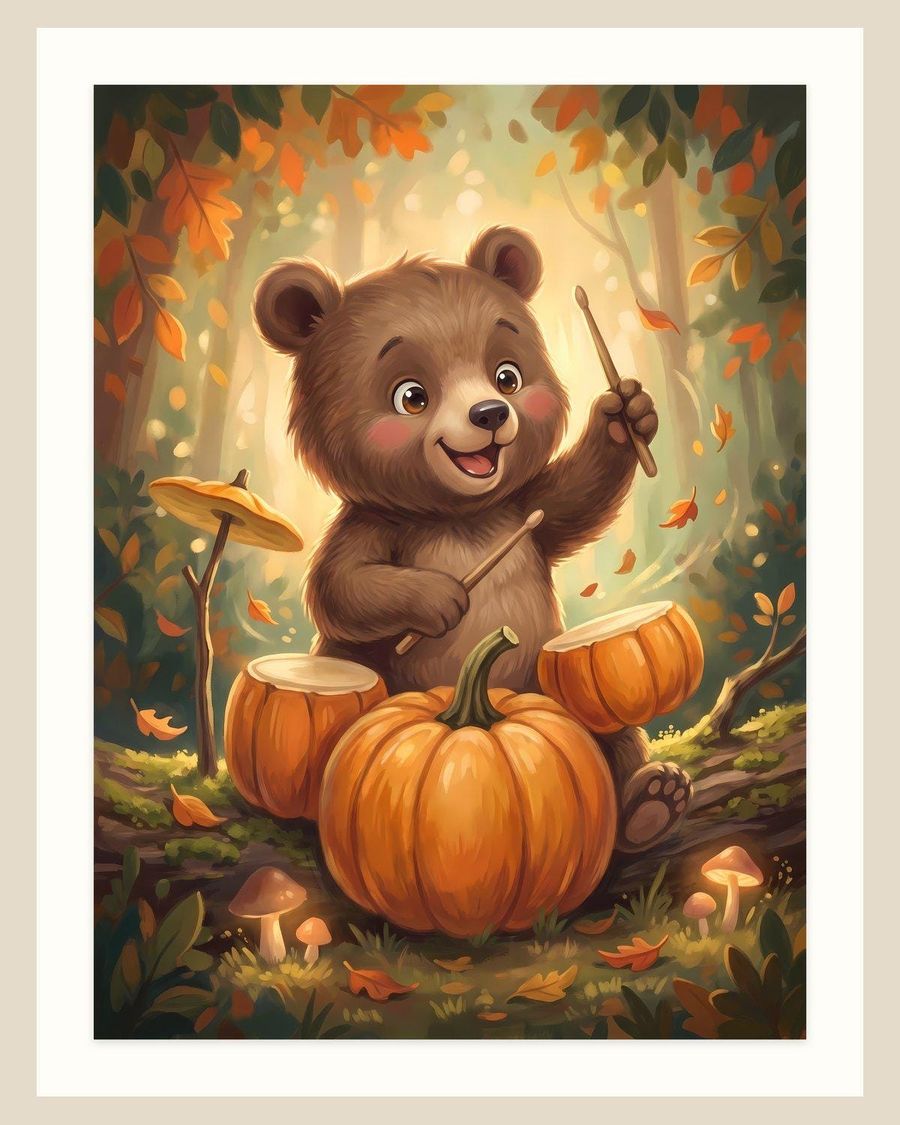 Bear Playing Pumpkin Drums — kids & nursery digital download by Brunelvi