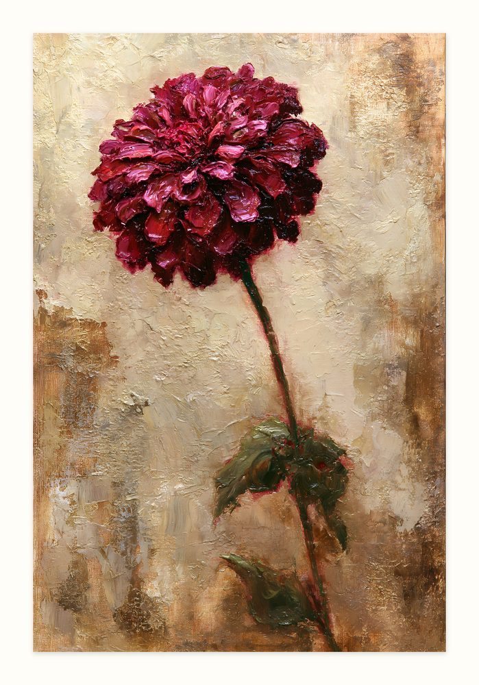 Burgundy Zinnia impasto oil painting wall art by Brunelvi