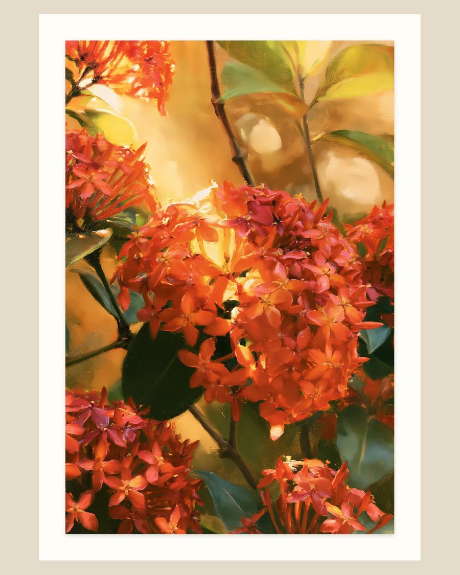 Crimson Ixora — florals art print by Brunelvi