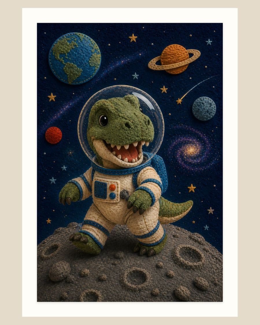 Felt Astronaut T Rex — kids & nursery art print by Brunelvi