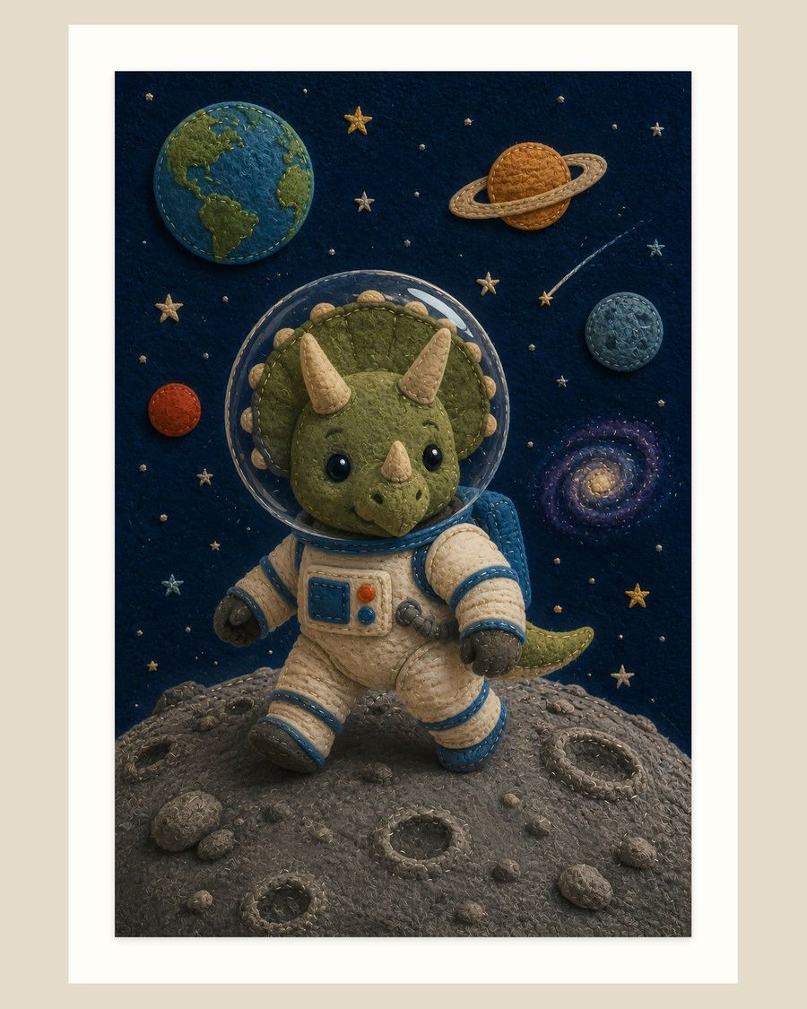 Felt Astronaut Triceratops — kids & nursery art print by Brunelvi