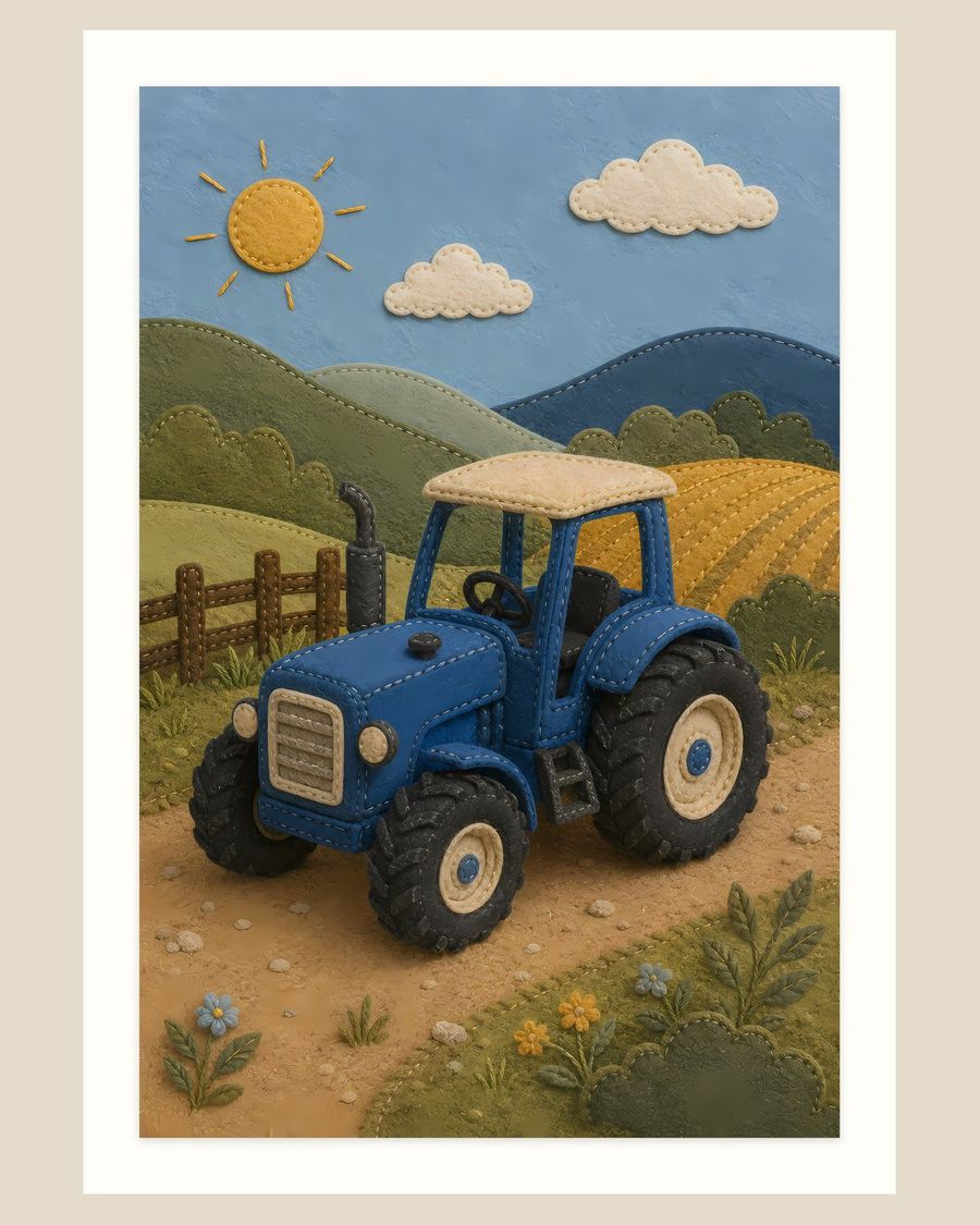 Felt Blue Tractor — kids & nursery art print by Brunelvi
