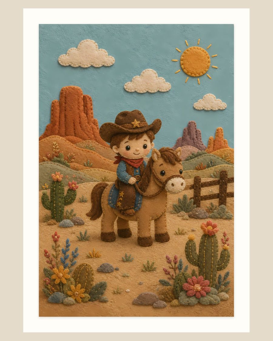 Felt Cowboy Pony — kids & nursery art print by Brunelvi