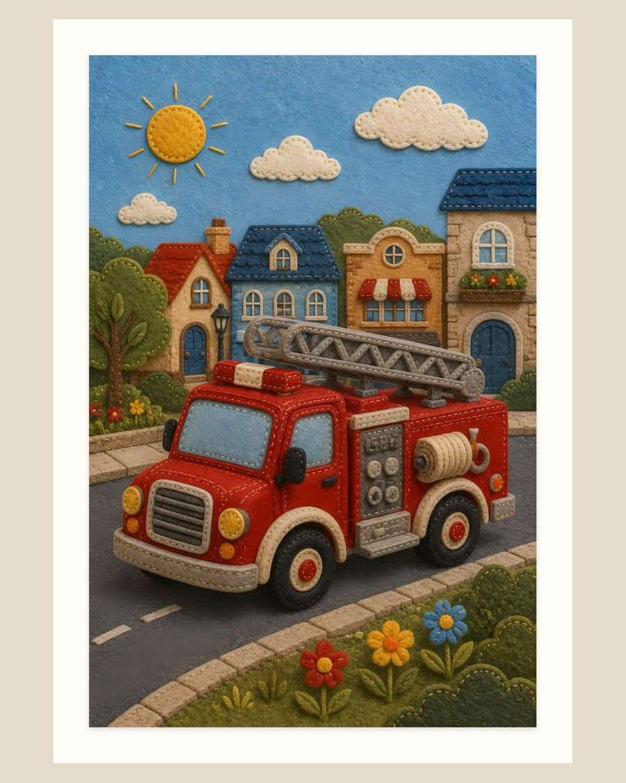 Felt Fire Truck — kids & nursery art print by Brunelvi