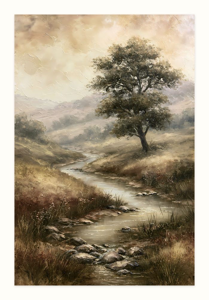 Golden Meadow Creek impasto oil painting wall art by Brunelvi