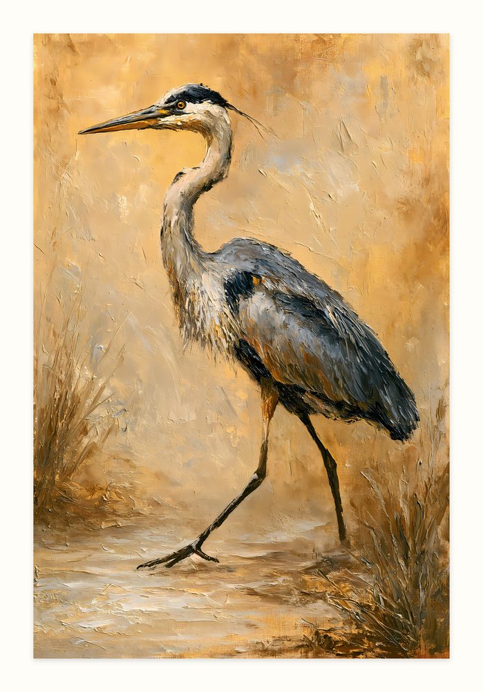 Great Blue Heron impasto oil painting wall art by Brunelvi