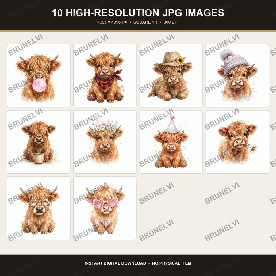 Highland Cow Clipart Bundle — jpg bundles (white bg) clipart by Brunelvi