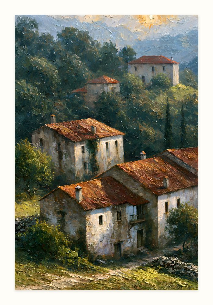 Hillside Village impasto oil painting wall art by Brunelvi