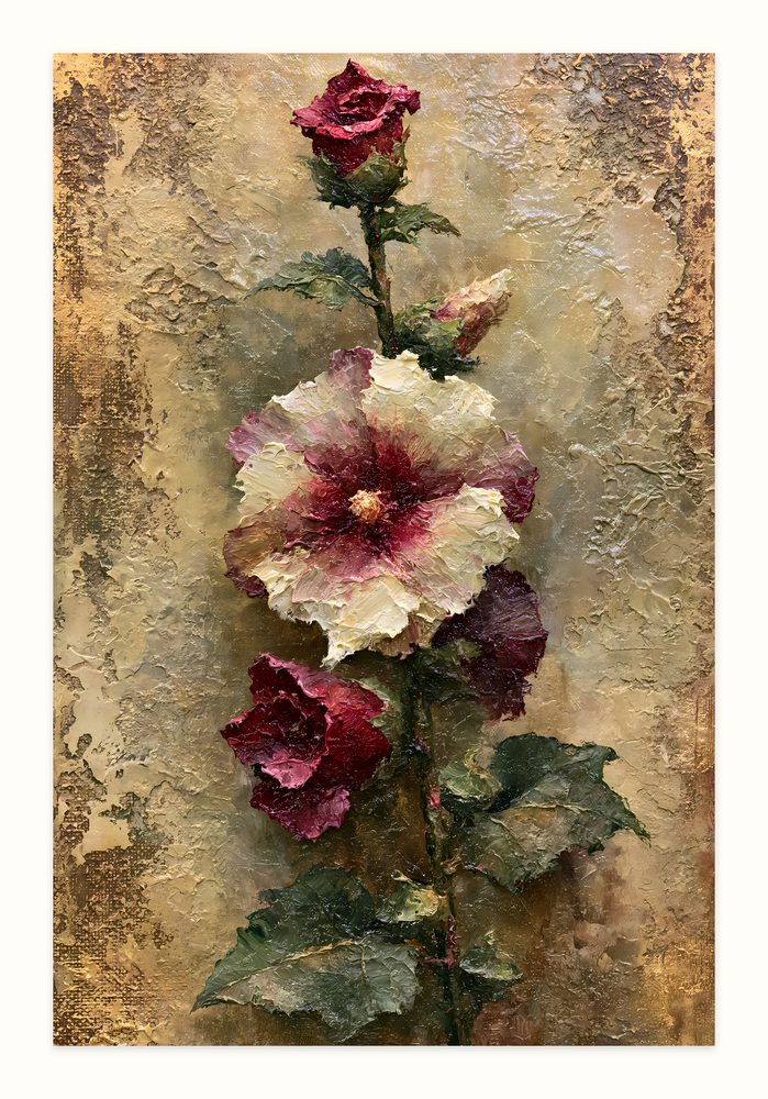 Hollyhock impasto oil painting wall art by Brunelvi