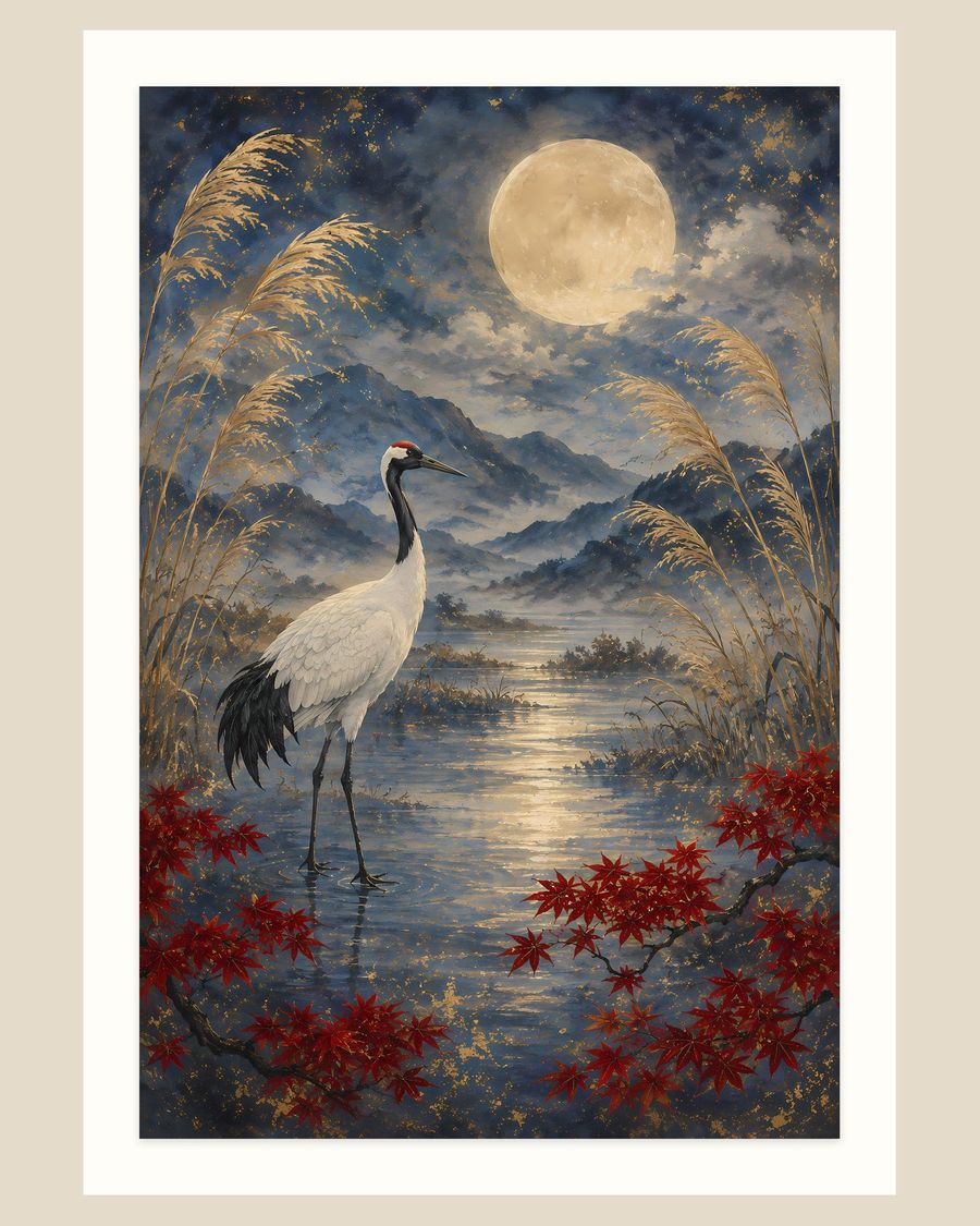 Japanese Crane Moon — animals art print by Brunelvi