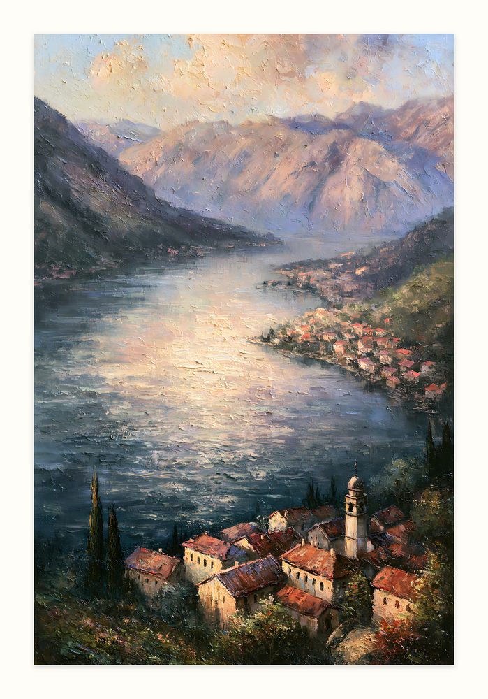 Lakeside Village impasto oil painting wall art by Brunelvi