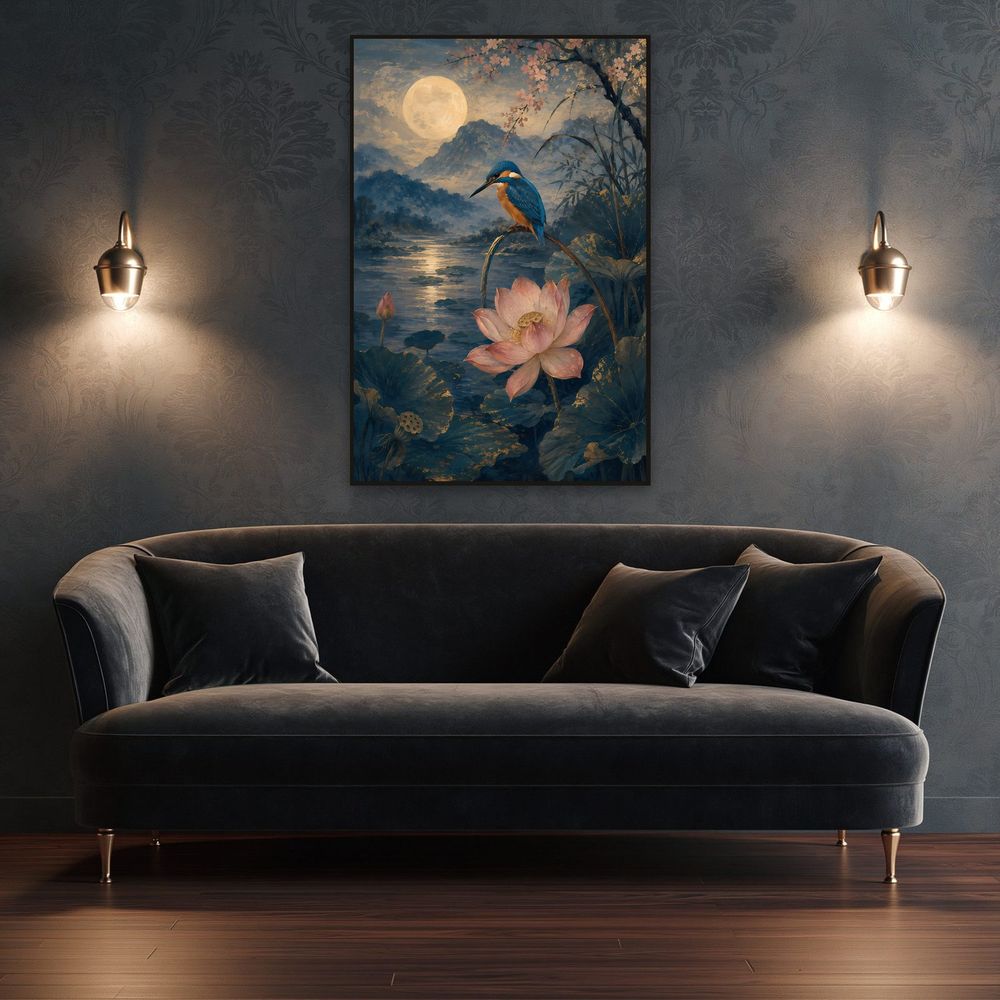 Moonlit Kingfisher Lotus — animals art print by Brunelvi — view 4
