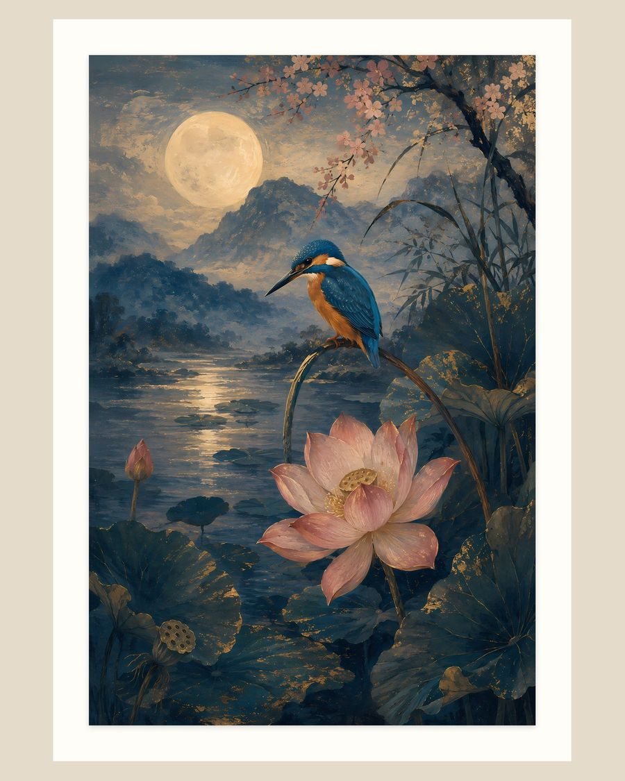 Moonlit Kingfisher Lotus — animals art print by Brunelvi