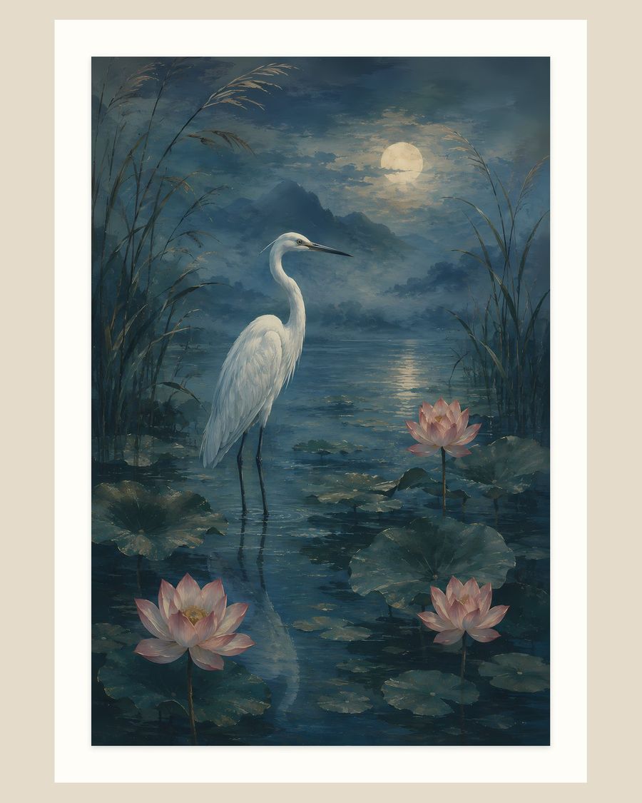 Moonlit White Egret — animals art print by Brunelvi