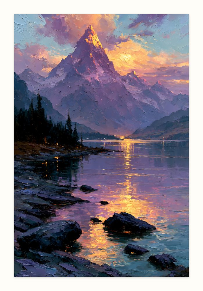 Mountain Lake Sunset impasto oil painting wall art by Brunelvi