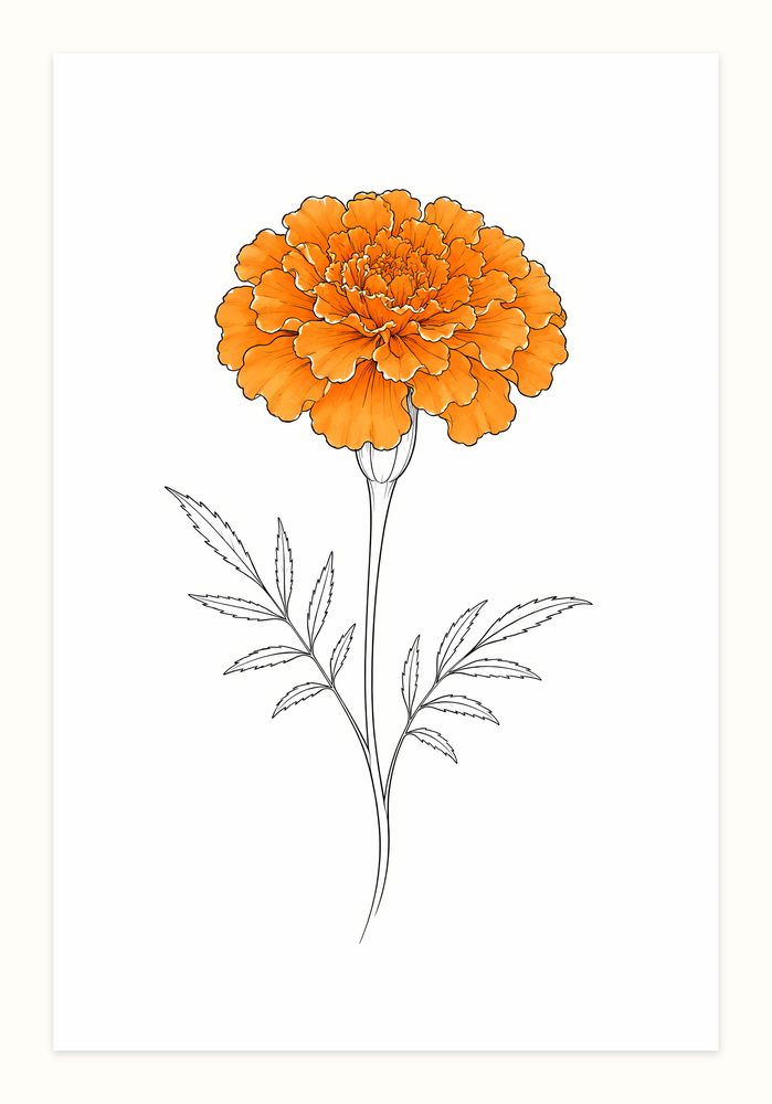 Orange Marigold line art wall art by Brunelvi