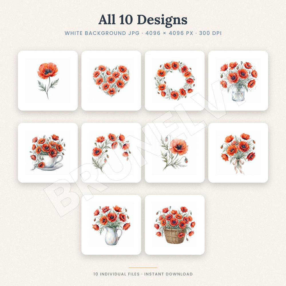 Red Poppy Clipart Bundle — jpg bundles (white bg) clipart by Brunelvi — view 2