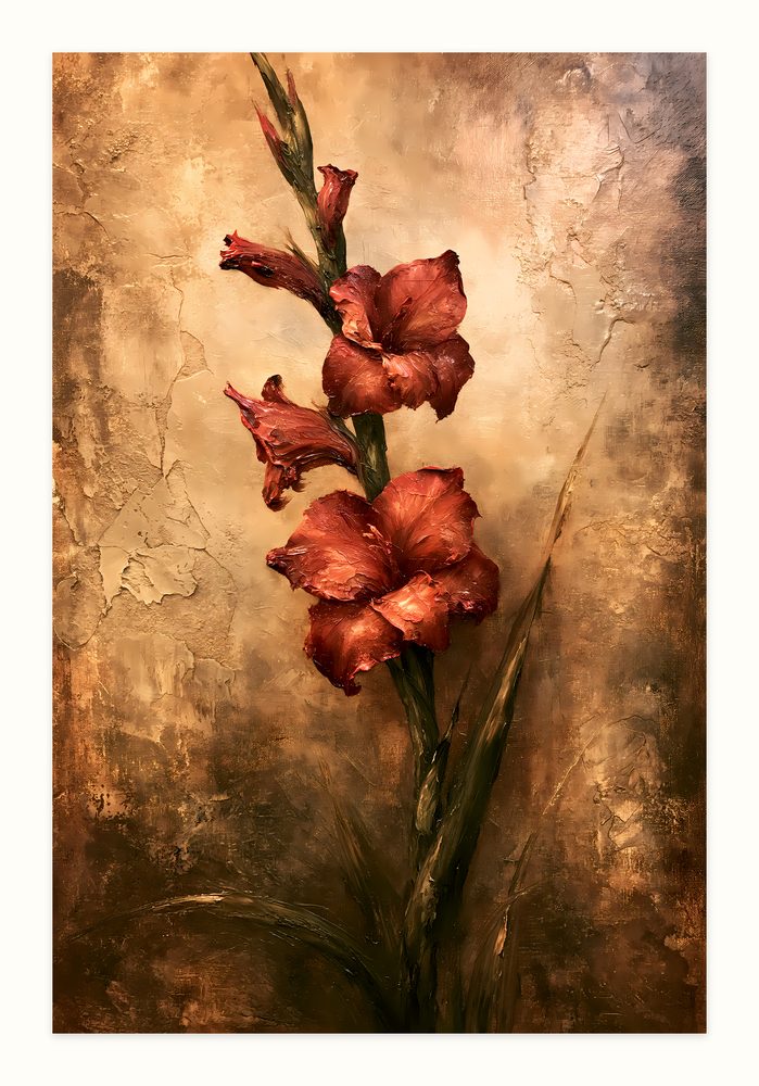 Rust Red Gladiolus impasto oil painting wall art by Brunelvi