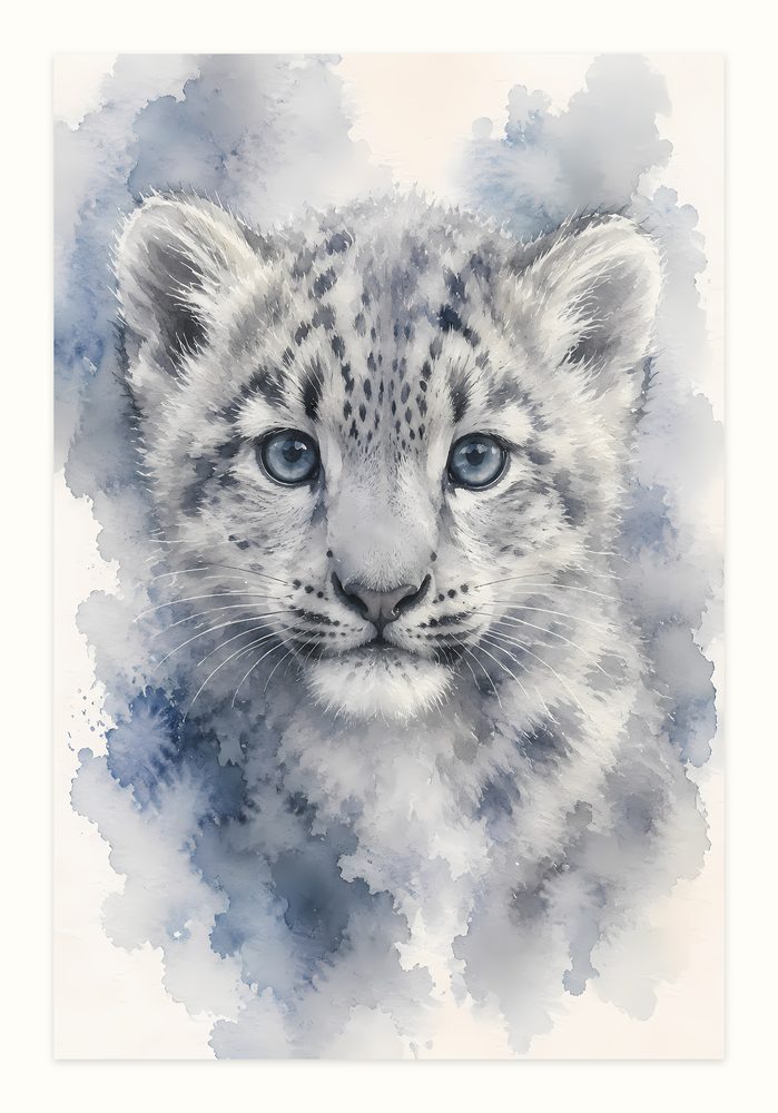 Snow Leopard Cub watercolor painting wall art by Brunelvi