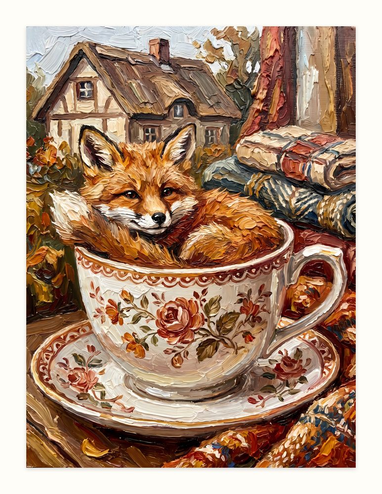 Teacup Fox impasto oil painting wall art by Brunelvi