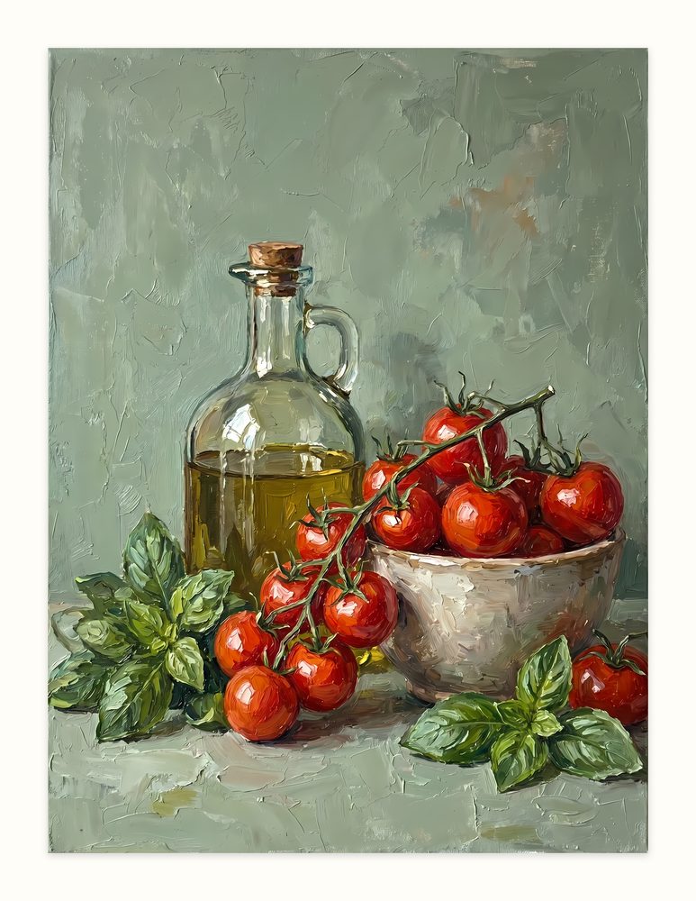 Tomato Basil Still Life impasto oil painting wall art by Brunelvi