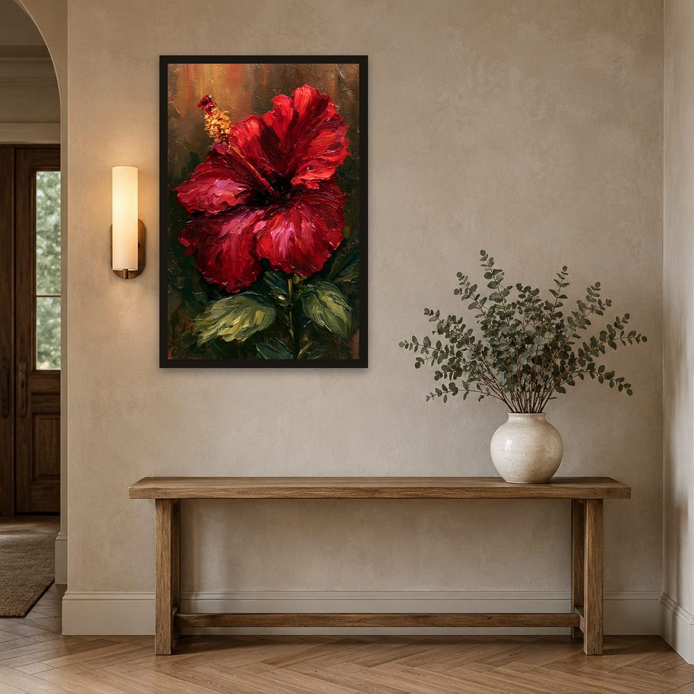 Vibrant Red Hibiscus impasto oil painting wall art by Brunelvi — Ansicht 2