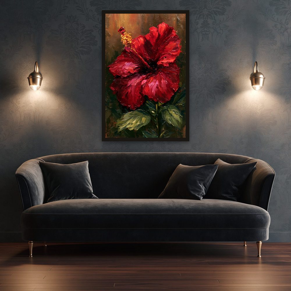 Vibrant Red Hibiscus impasto oil painting wall art by Brunelvi — Ansicht 3
