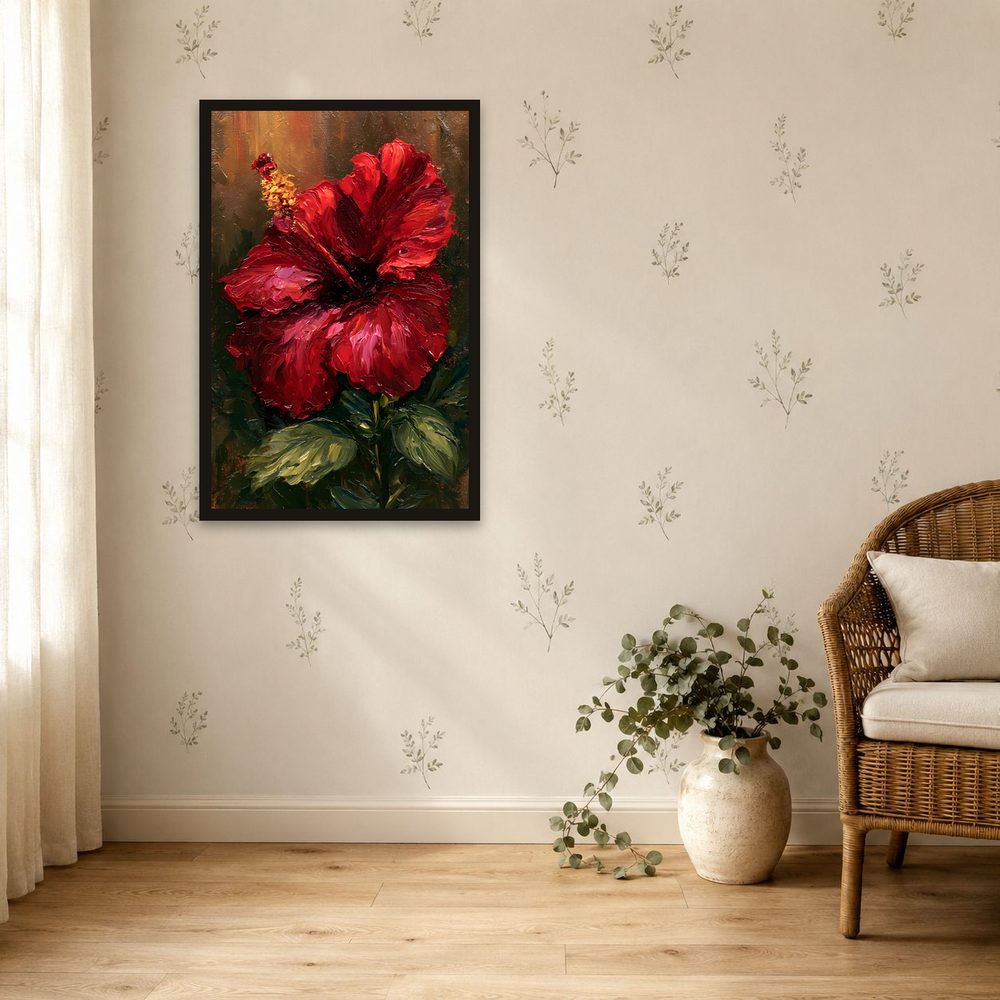 Vibrant Red Hibiscus impasto oil painting wall art by Brunelvi — Ansicht 4