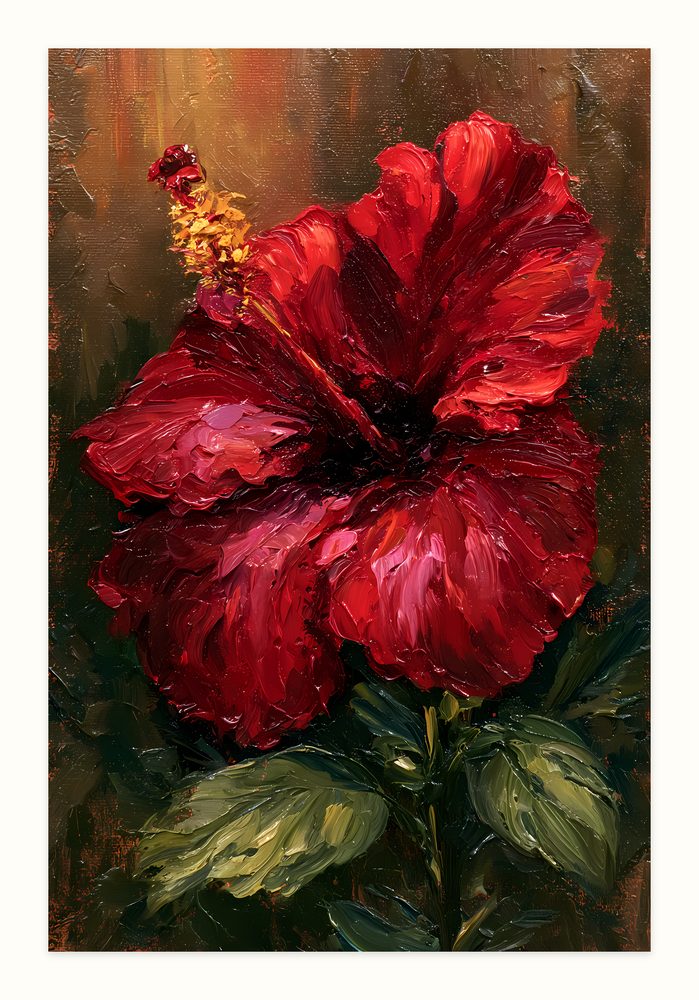 Vibrant Red Hibiscus impasto oil painting wall art by Brunelvi