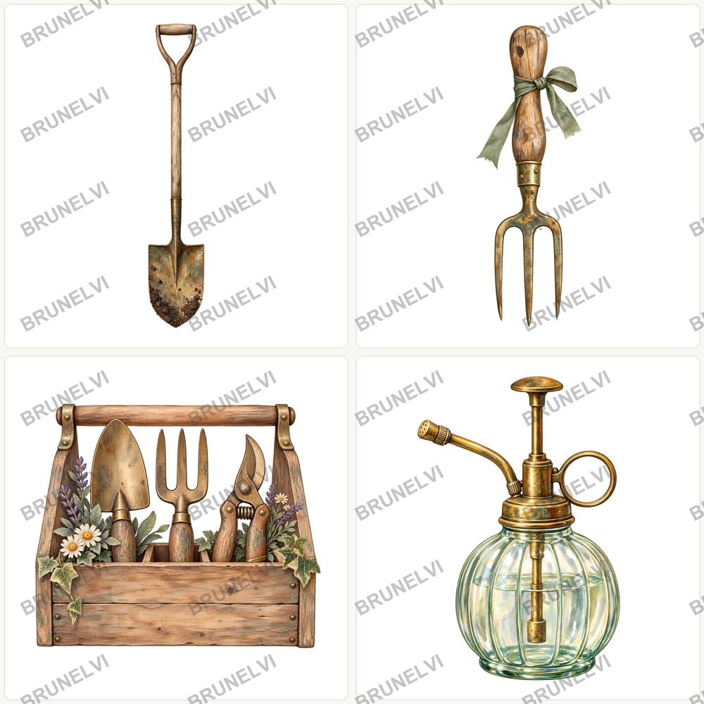 Vintage Watercolor Garden Tools Clipart Bundle — transparent clipart pngs clipart by Brunelvi — view 4