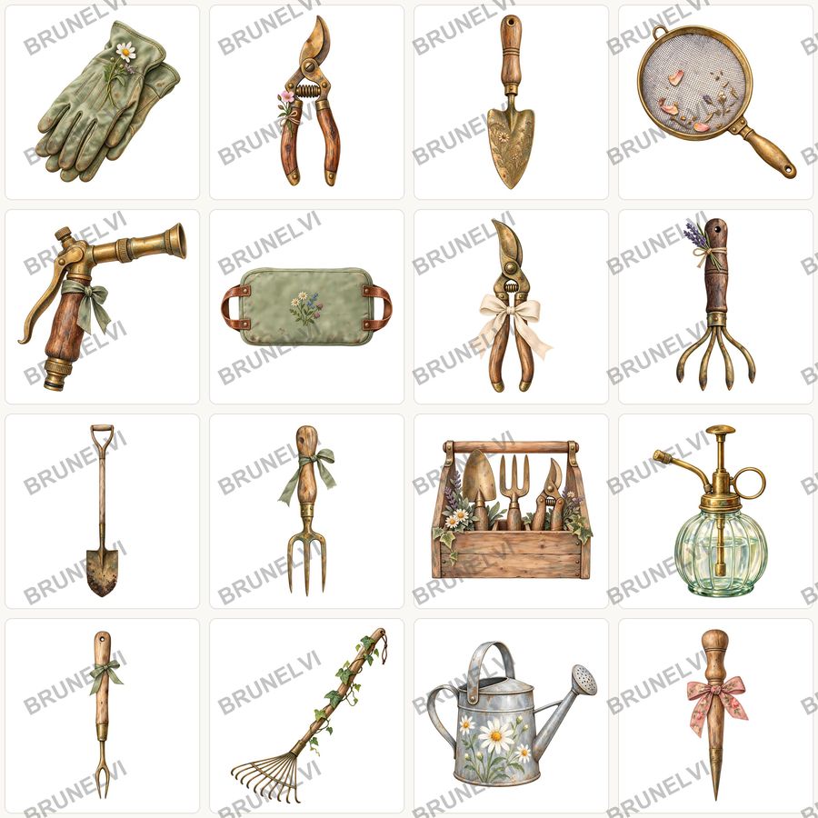 Vintage Watercolor Garden Tools Clipart Bundle — transparent clipart pngs clipart by Brunelvi