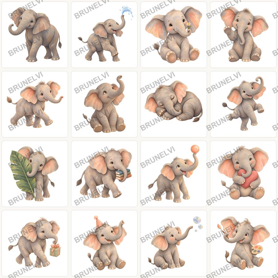 Watercolor Baby Elephant Clipart Bundle — transparent clipart pngs clipart by Brunelvi