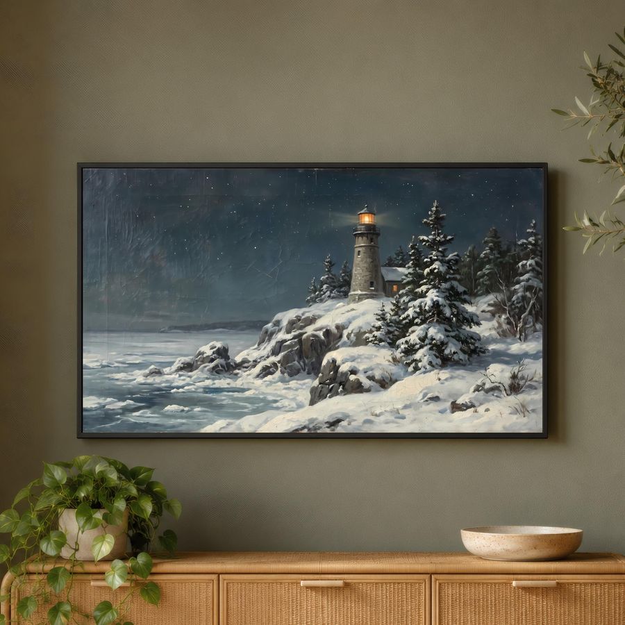 Winter Coastal Lighthouse Frame TV Art — frame tv art frame tv art by Brunelvi