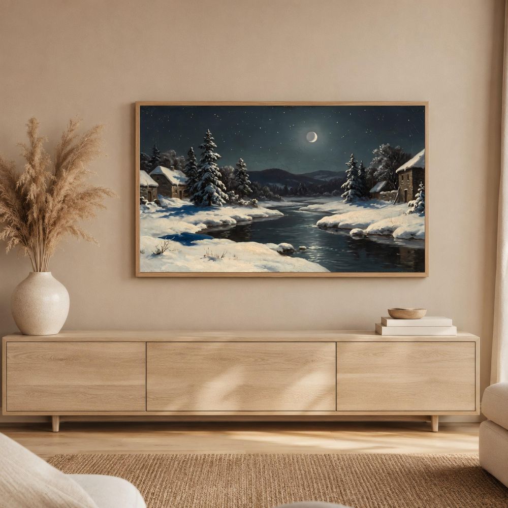 Winter River Cottage Night Frame TV Art — frame tv art frame tv art by Brunelvi — view 2
