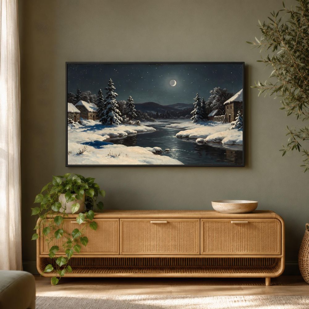 Winter River Cottage Night Frame TV Art — frame tv art frame tv art by Brunelvi — view 3