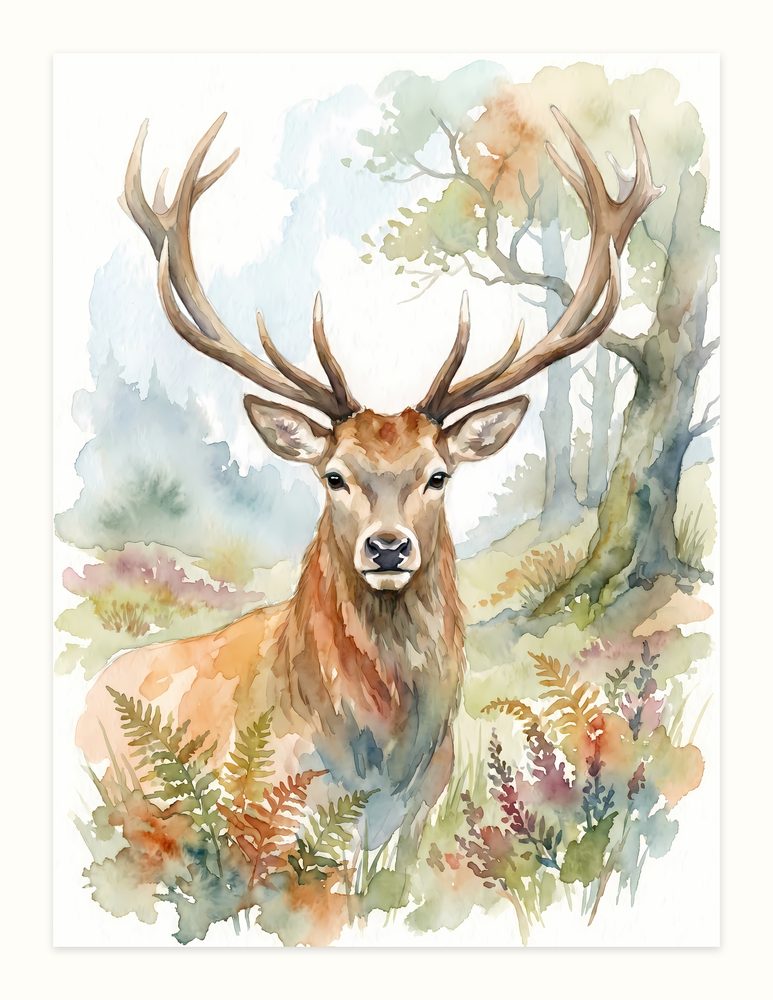 Woodland Stag watercolor painting wall art by Brunelvi